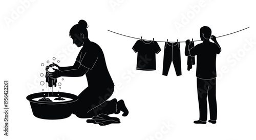 A woman washing clothes in a basin and a boy hanging laundry