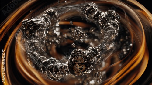 Surreal molecular structure with coffee-hued energy waves activating cells, depicting anti-aging research.