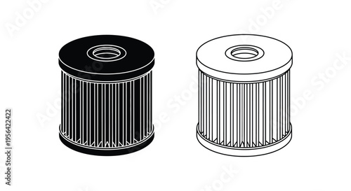 Two cylindrical filters one dark and one light shown in line art