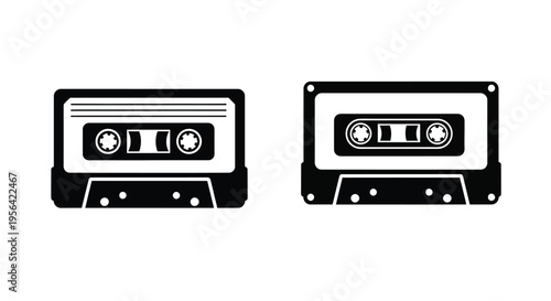 Two black and white illustrations of vintage audio cassette tapes