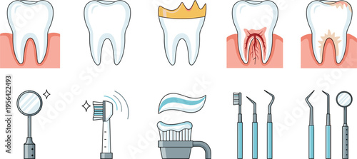Dental Care Vector Illustration Set Featuring Teeth, Dental Tools, Tooth Decay, Treatment, and Oral Hygiene Essentials for Healthcare and Dentistry Designs