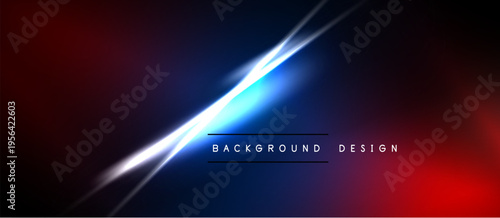 Dark background features vibrant blue light streaks, red gradients. Modern design elements create dynamic visual impact.