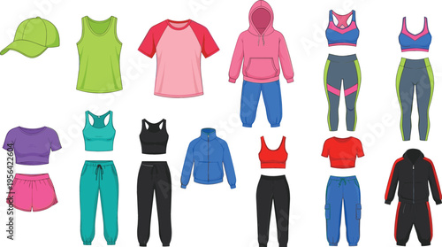 Women Sportswear Clothing Set with Tops Hoodies Leggings Shorts and Tracksuits Activewear Collection for Fitness and Gym Design Isolated on White Background