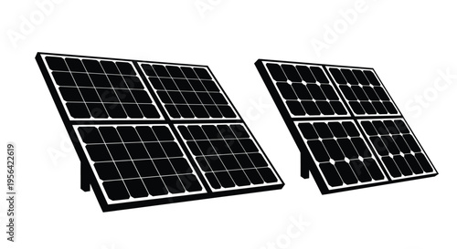 Two solar panels angled upwards against a stark white background