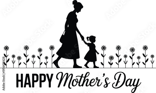 Mother and Child Silhouette Walking Through Flowers Happy Mothers Day