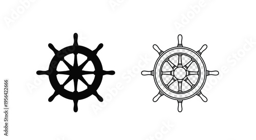 Two ship wheels one solid black and one with detailed lines
