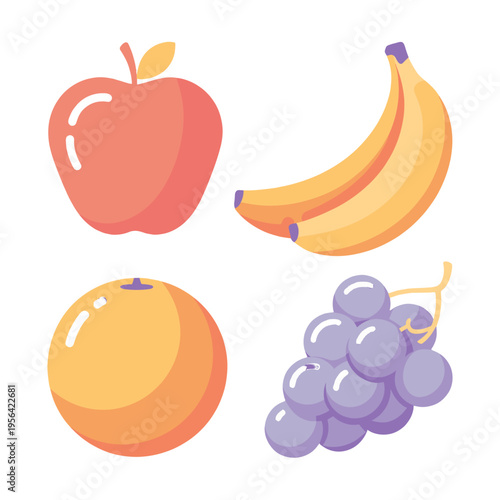 A collection of fresh, colorful fruits: apple, banana, orange and grapes.