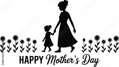 Mother and child silhouette walking through flowers Happy Mother's Day