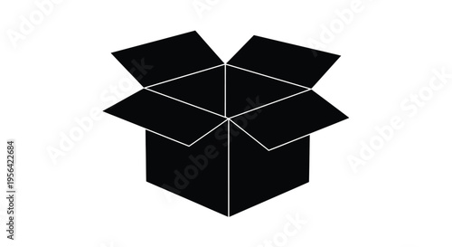 Abstract geometric illustration of an open cardboard box in black and white