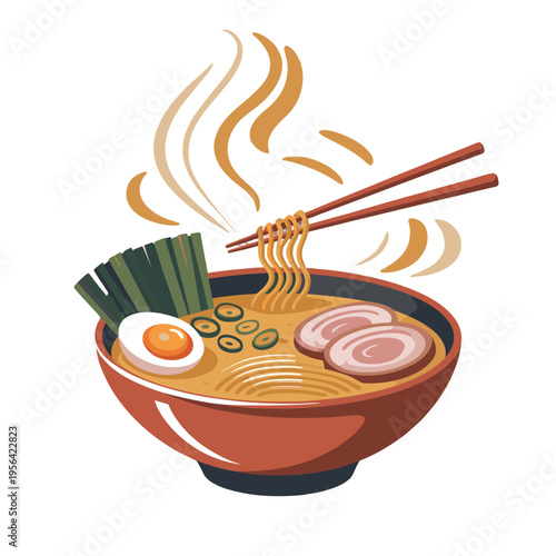 A visually appetizing bowl of ramen with chopsticks.