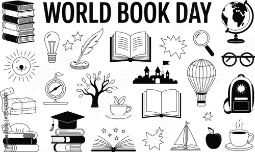 World Book Day Doodle Collection With Books And Globe Keywords: book, books, reading, education
