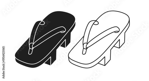 Two flip flops one solid black and one white outline isolated on white