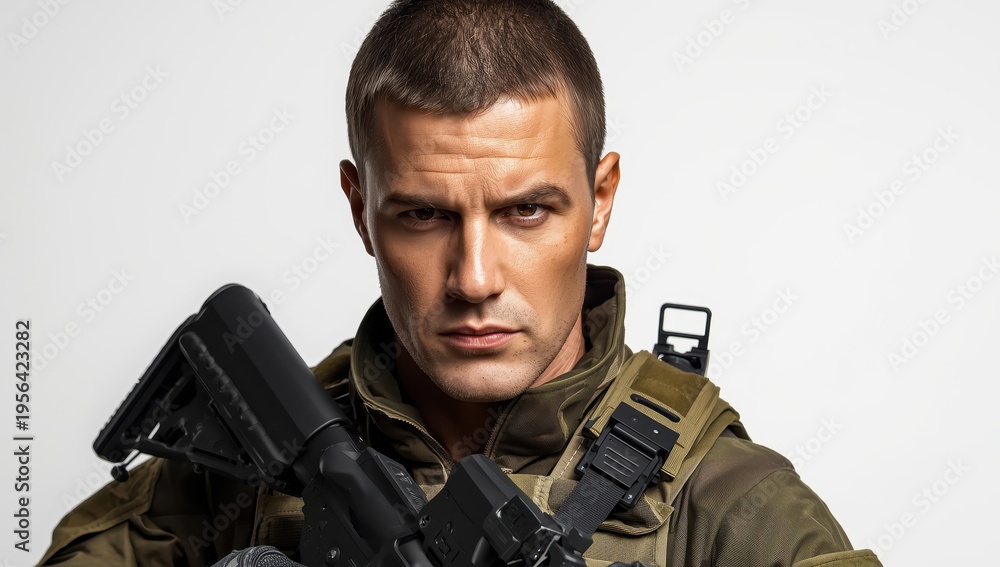 Fototapeta premium Elite soldier armed with a rifle on a white backdrop
