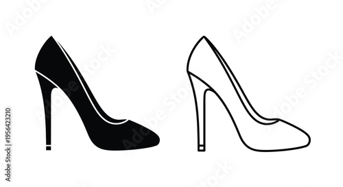 Two high heeled shoes one black and one white displayed in a simple style