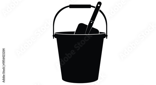 A black silhouette of a plastic bucket with a handle and cleaning tools