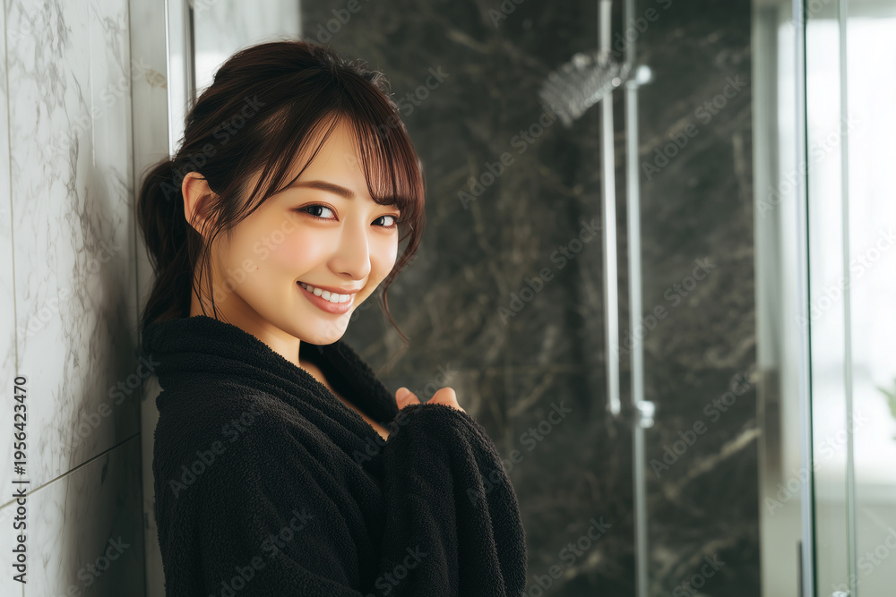 Fototapeta premium 黒いバスローブの日本人女性、ホテルの浴室