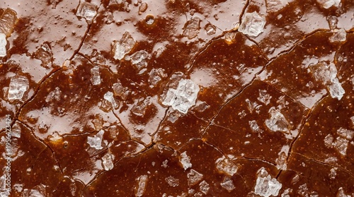 Closeup of cracked miso caramel glaze with coarse salt crystals. Sweet and salty texture concept.