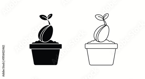 Two minimalist depictions of sprouting seeds in flowerpots black and white