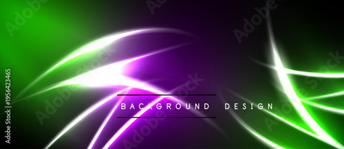 Abstract neon lights create vibrant green, purple gradients. Dynamic curves suggest movement, energy. Dark background emphasizes luminosity.