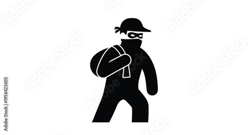 Silhouette of a masked figure with a backpack appearing to be a thief