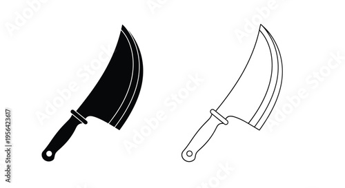 Two depictions of a large curved cleaver or butcher knife in black and white