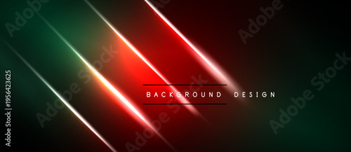 Abstract neon lines create dynamic red, green gradients. Dark background emphasizes bright illumination, modern design elements.