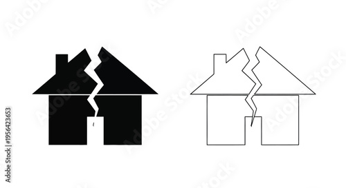Two house icons one filled and one outlined both depicting a crack