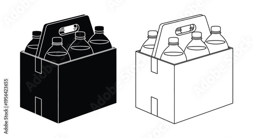 Black and white illustration of a six pack carrier with bottles