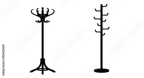 Two black silhouettes of vintage coat racks against a white background