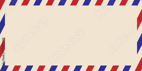 Airmail envelope frame. Commercial envelope. International vintage letter border. Retro air mail postcard with blue and red stripes. Blank correspondence paper template.eps,10