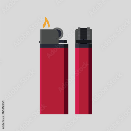 Isolated vector illustration set of metal and plastic lighters with burning flames