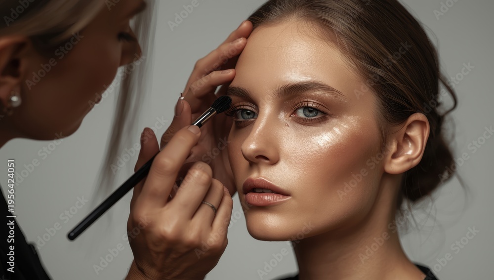 Fototapeta premium Make-up artist applies facial shadows in close-up