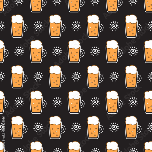 Frothy Beer Glass Mug Festive Pub Drink Pattern. Seamless vector pattern perfect for summer events, beer festivals, pub-themed designs, party decor, and drink-related packaging.