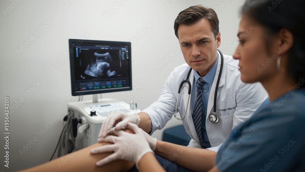 Fototapeta premium Male physician in white gloves performing an ultrasound on a woman's knee, with results displayed on a monitor. Medical scene