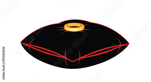 A gold wedding ring rests atop a black velvet cushion with red stitching