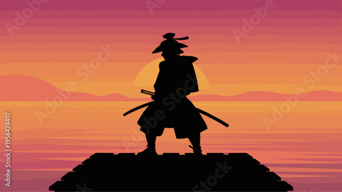 Contemplative samurai standing by water at dusk – Suitable for leadership coaching, historical themes, or wall art.