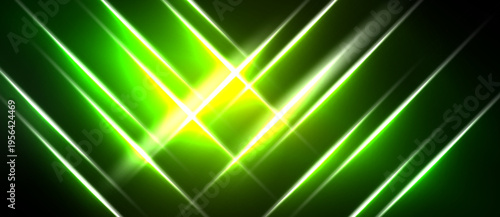 Bright neon lines converge toward center. Dark background emphasizes glowing green, yellow light effects. Modern, futuristic design.