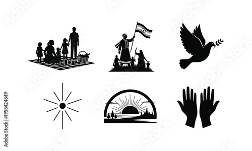 Peace and hope vector illustration symbols with picnic group flag dove and rising sun over landscape