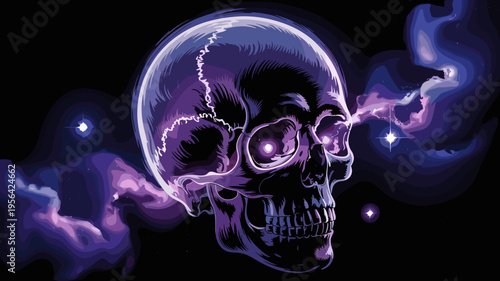Violet gas clouds forming human skull in space – Great for Halloween themes, astronomical art, or mystery content.