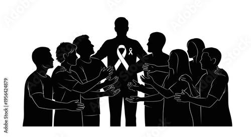 Group of People Silhouettes with Awareness Ribbon.
