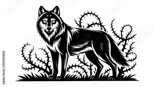 Black and white woodblock wolf illustration – Perfect for literary covers, heritage branding, or wild animal art.