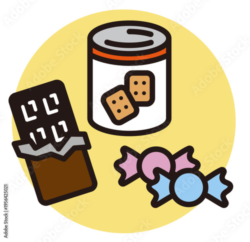 非常食のイラスト。チョコレート、乾パン,飴のベクター素材。Emergency food illustration.