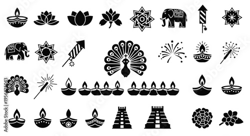 Vector Diwali Hindu Festival Icon Collection, Indian Holiday Diya Peacock Temple Firework Black Silhouette Set