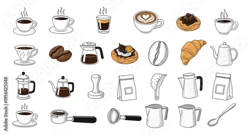 Outline Coffee Doodle Icons, Hand Drawn Cafe Drinks Barista Equipment Sketch Bundle Vector Illustration