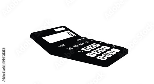 A black calculator is displayed at a slight angle on a white background