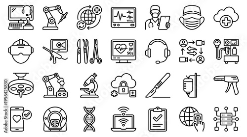 Modern healthcare technology icons representing innovation in medicine digital health equipment and medical research advancements