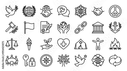 Collection of icons representing peace, justice, cooperation, and global unity with symbols like doves, earth, handshake, scales, and more.