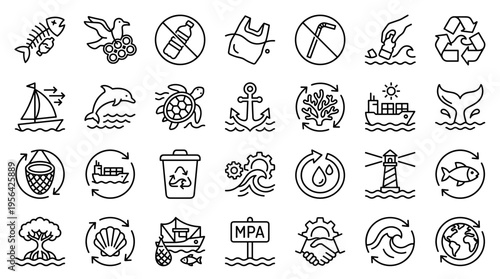Ocean conservation icons set marine life protection pollution control and sustainable ecosystem management concepts