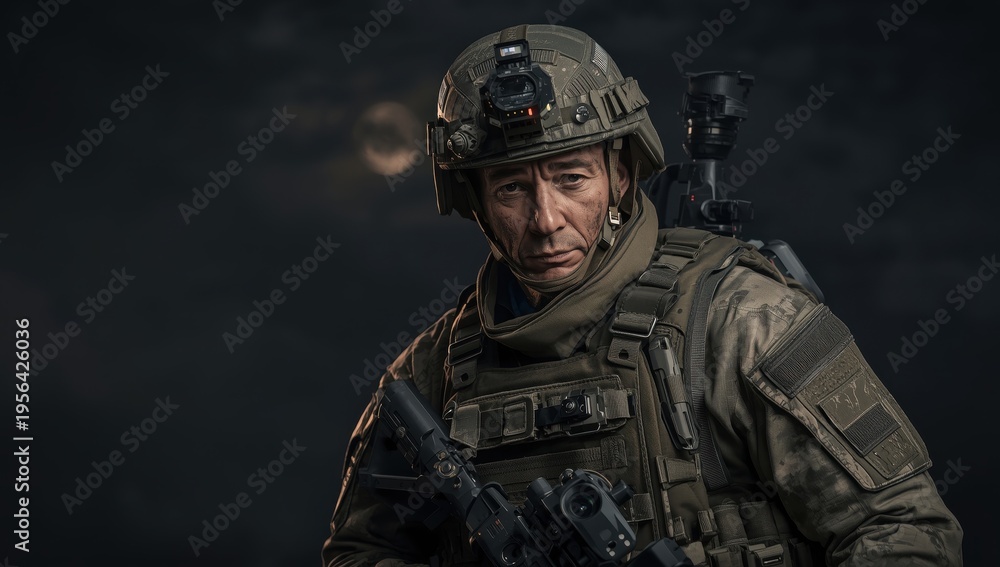 Fototapeta premium trooper in complete tactical gear for nighttime operation