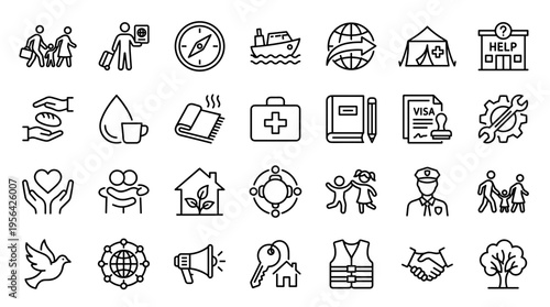 Collection of diverse icons representing humanitarian aid, social services, and community support, symbolizing help and global connection